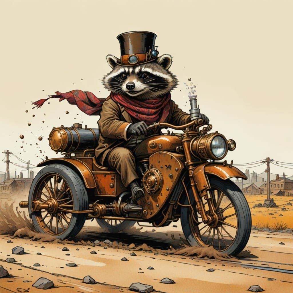 Steampunk Raccoon Races Bizarre Vehicle in Comic Art
