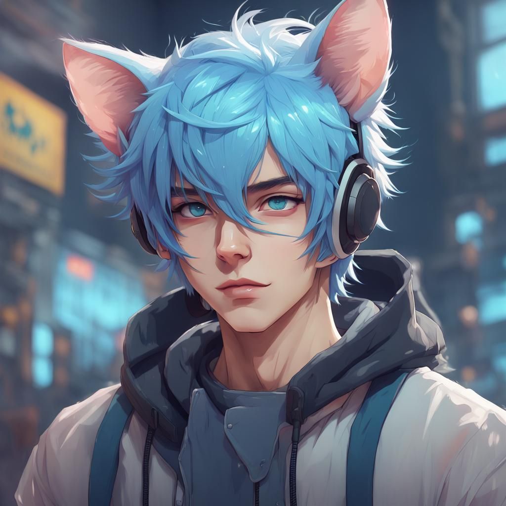Anime Boy with Cat Ears in Pastel Colors