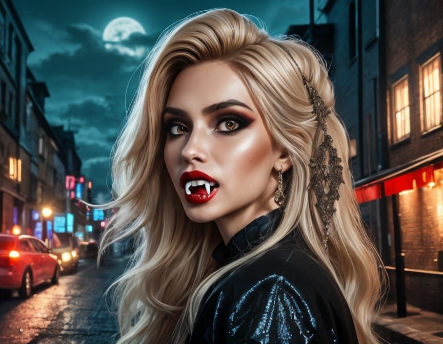 Modern Vampire Portrait with Long Fangs in Alley
