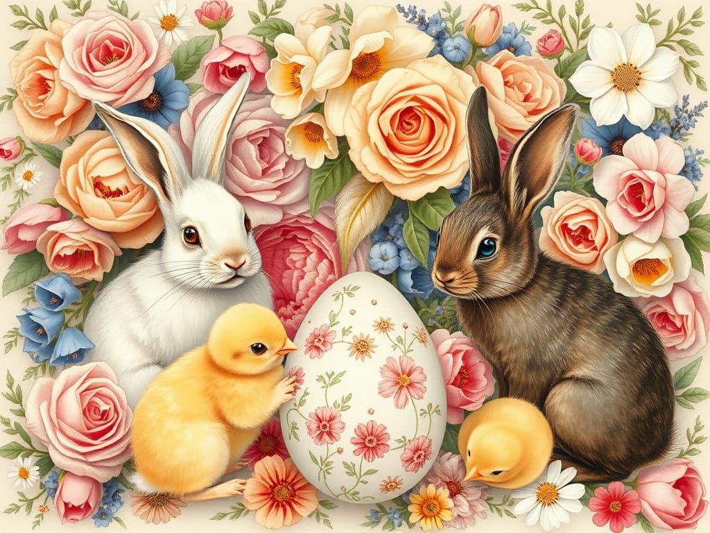 Whimsical Bunnies and Chicks in a Renaissance Gouache Painti...