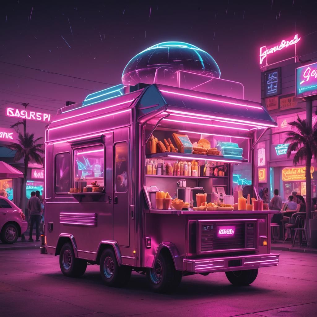Sci-Fi Food Truck in Synthwave Neon Style