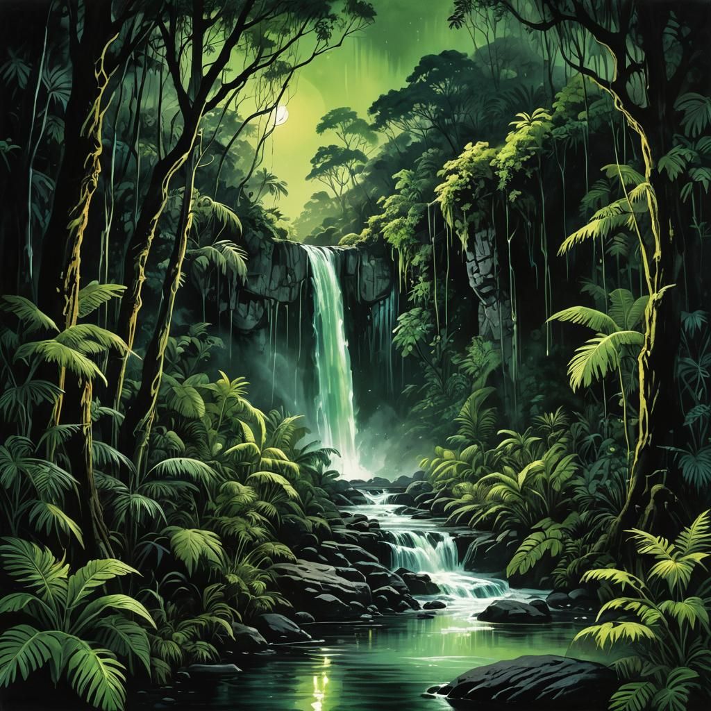 Moonlit Jungle Waterfall in Expressionist Watercolor Style