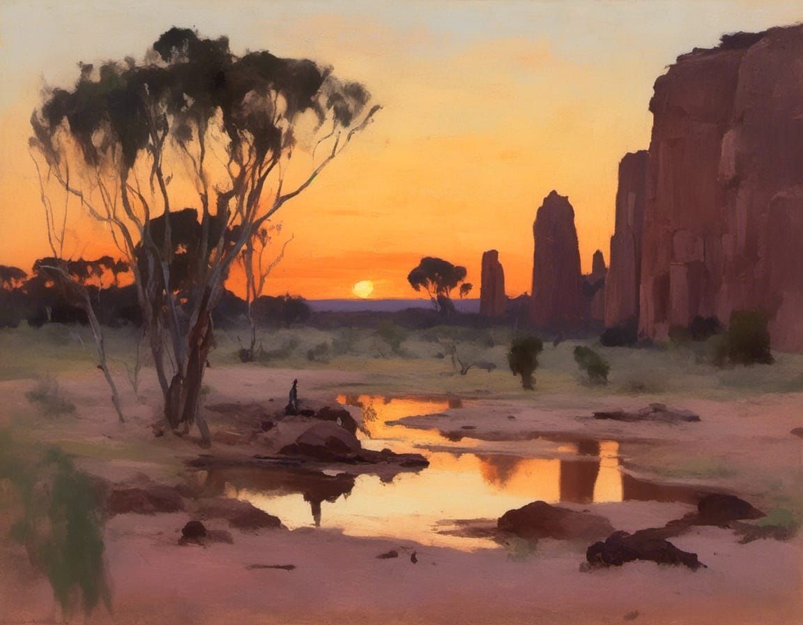 Outback Sunset in Australian Tonalism Style