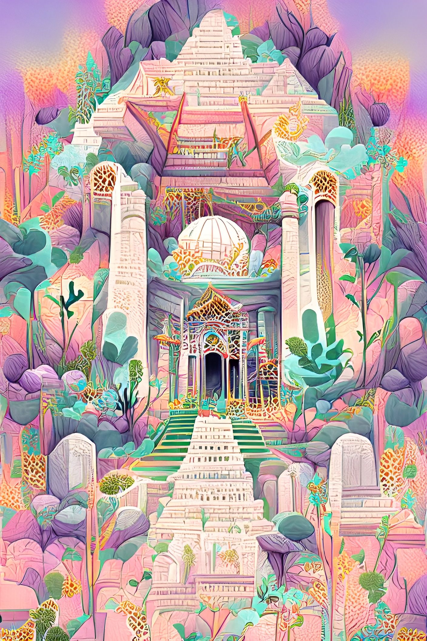 Whimsical Temple of Mysteries in Colorful Fairy Tale Style
