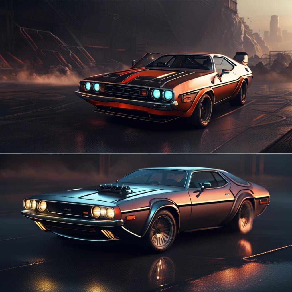 Gullwing 1973 Dodge Challenger, Delorean style, jet engines, hyper reflective