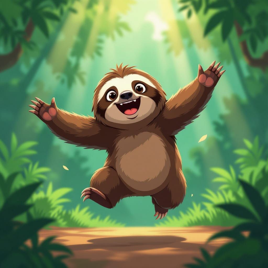Energetic Sloth Leaping Through Lush Foliage