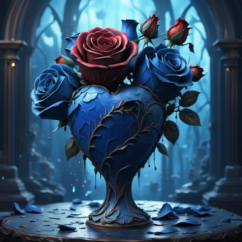 Blue Rose in Broken Heart Vase: Detailed Painting