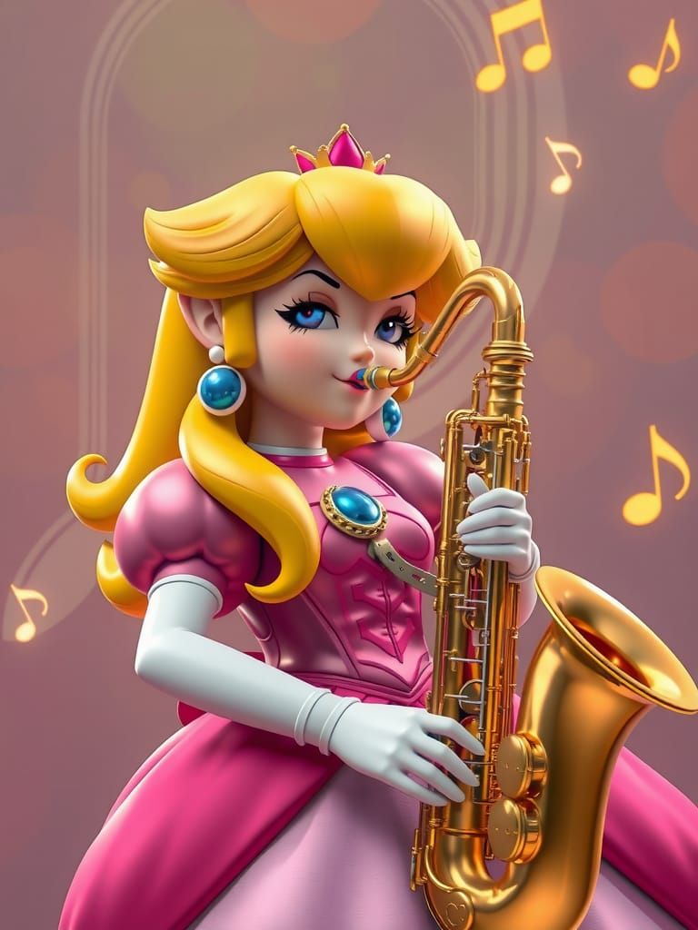 Princess Peach Plays Saxophone: 3D Rendered Digital Art