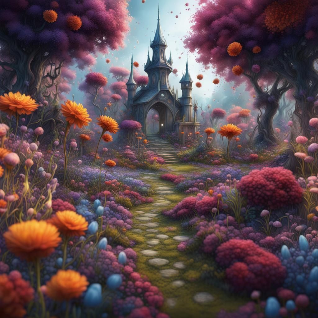 Ink Splatter Flower Garden in Detailed Matte Painting