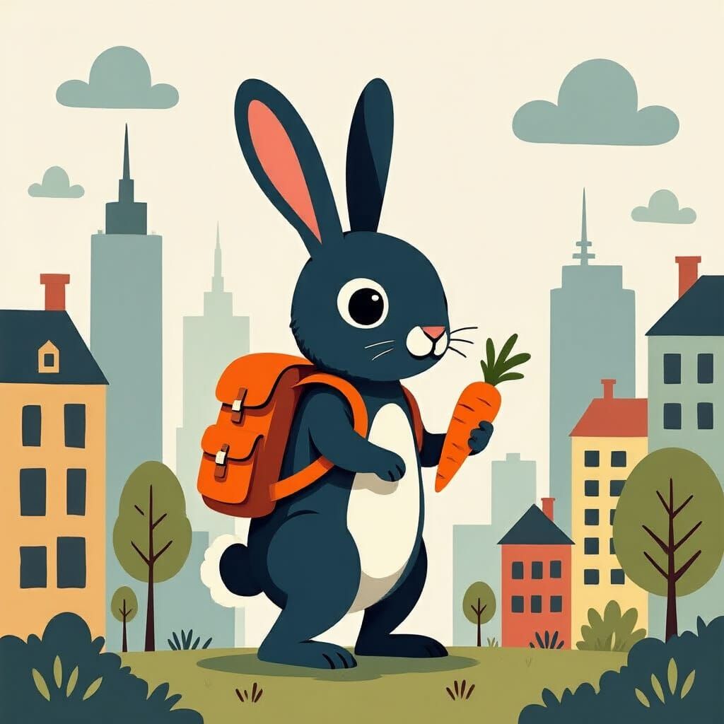 Rabbit in Cityscape, Naive Folk Art Style