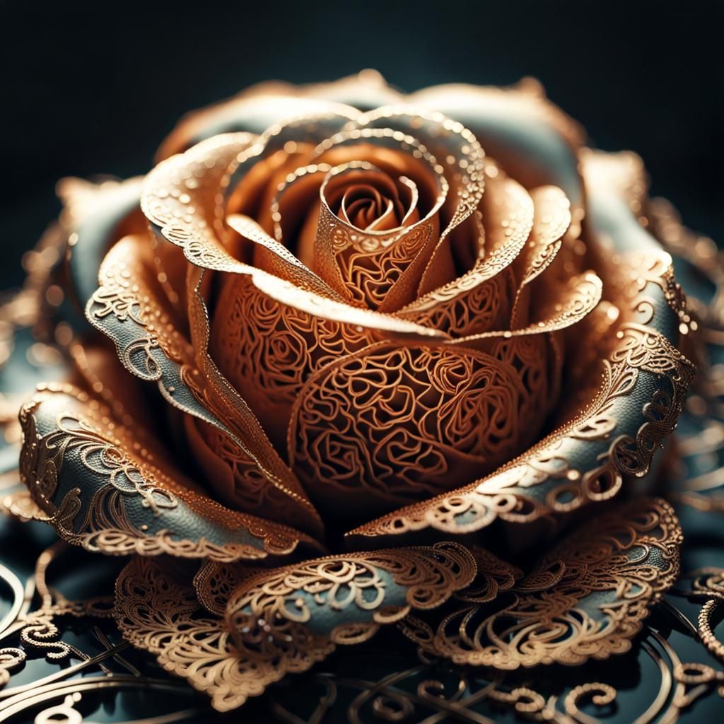 Photorealistic Metal Lace Rose with Gold Filigree
