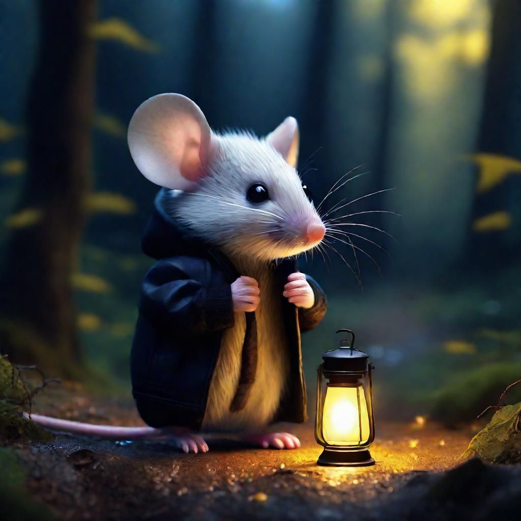 Mouse in Black Jacket in Rainy Forest