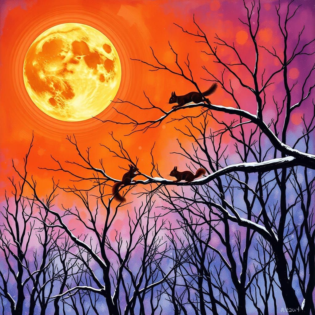 Blood Moon Over Winter Trees as Abstract Art