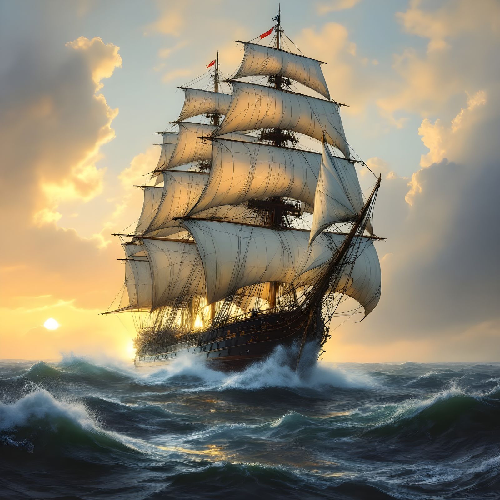 Victorian Ship Navigating Stormy Seas at Dawn