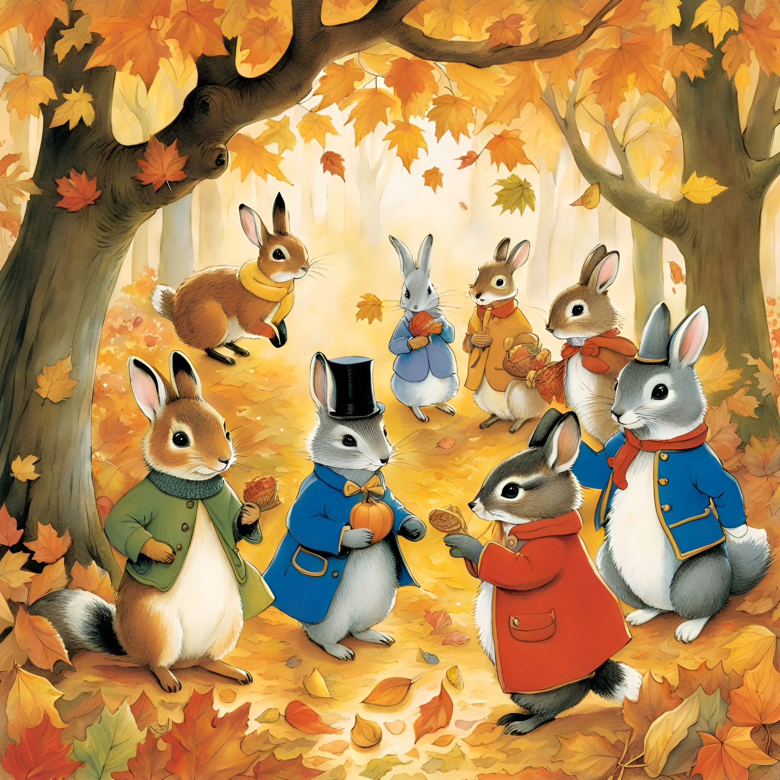 Festive Woodland Gathering in Children's Book Style