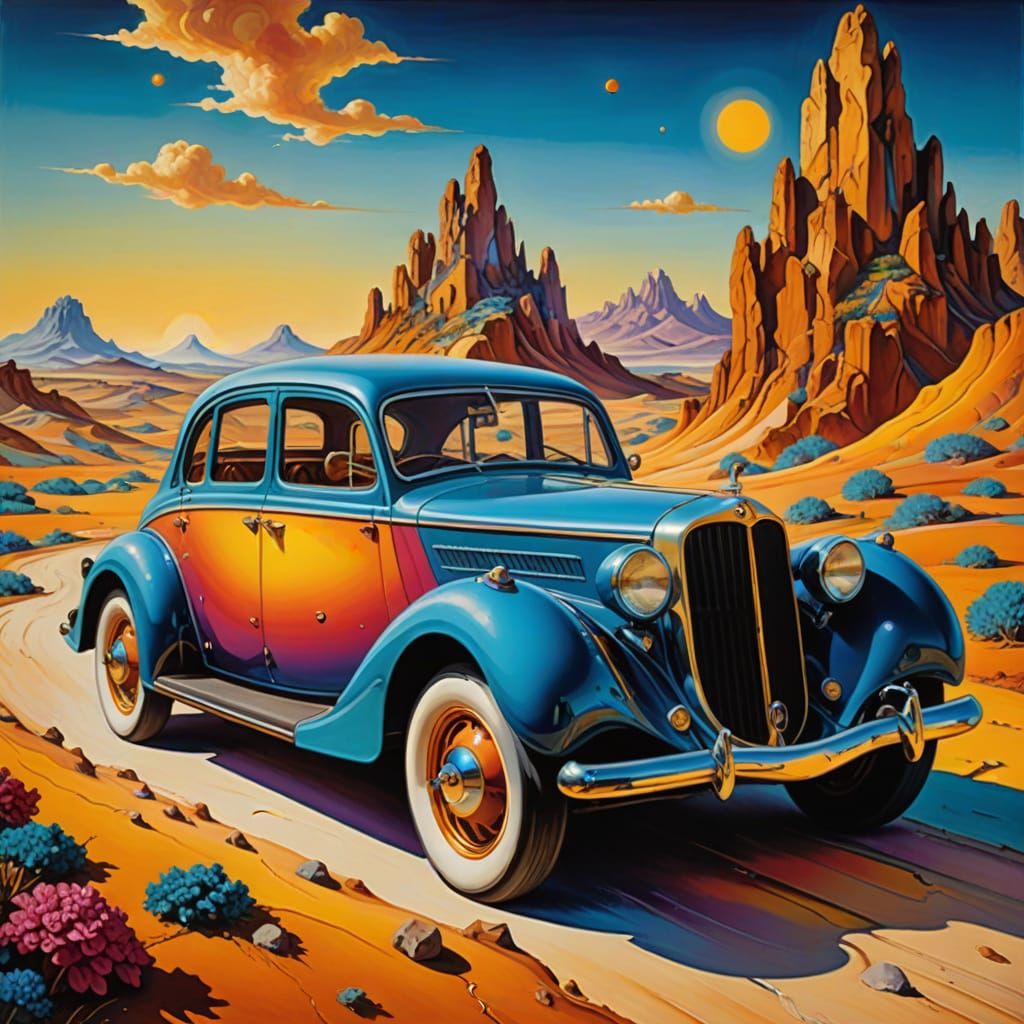 Surreal Desert Dreamscape: Antique Car in Oil