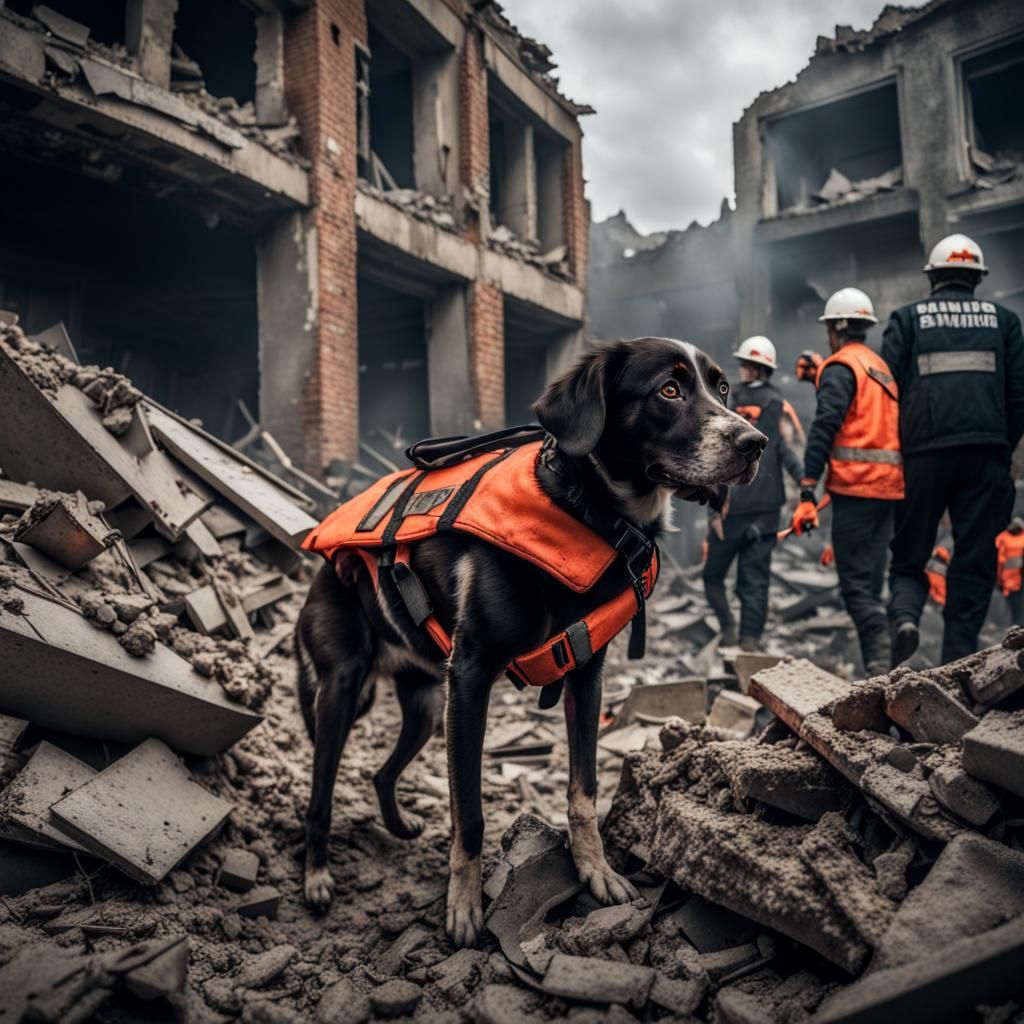 close-up, ultra-detailed, a rescue dog searching for survivors in the ruins, surrounded by people dressed in rescue clot...