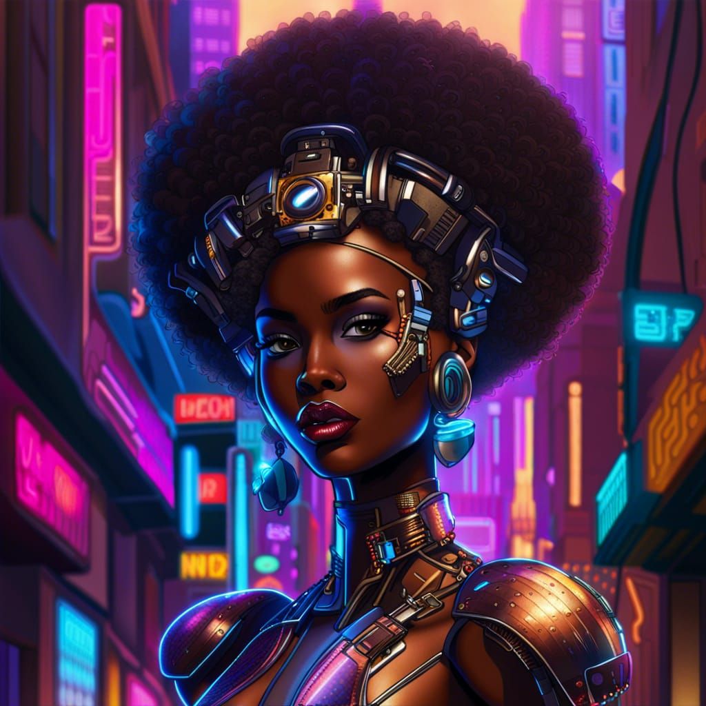 Futuristic Afro Queen in Neon Cityscape