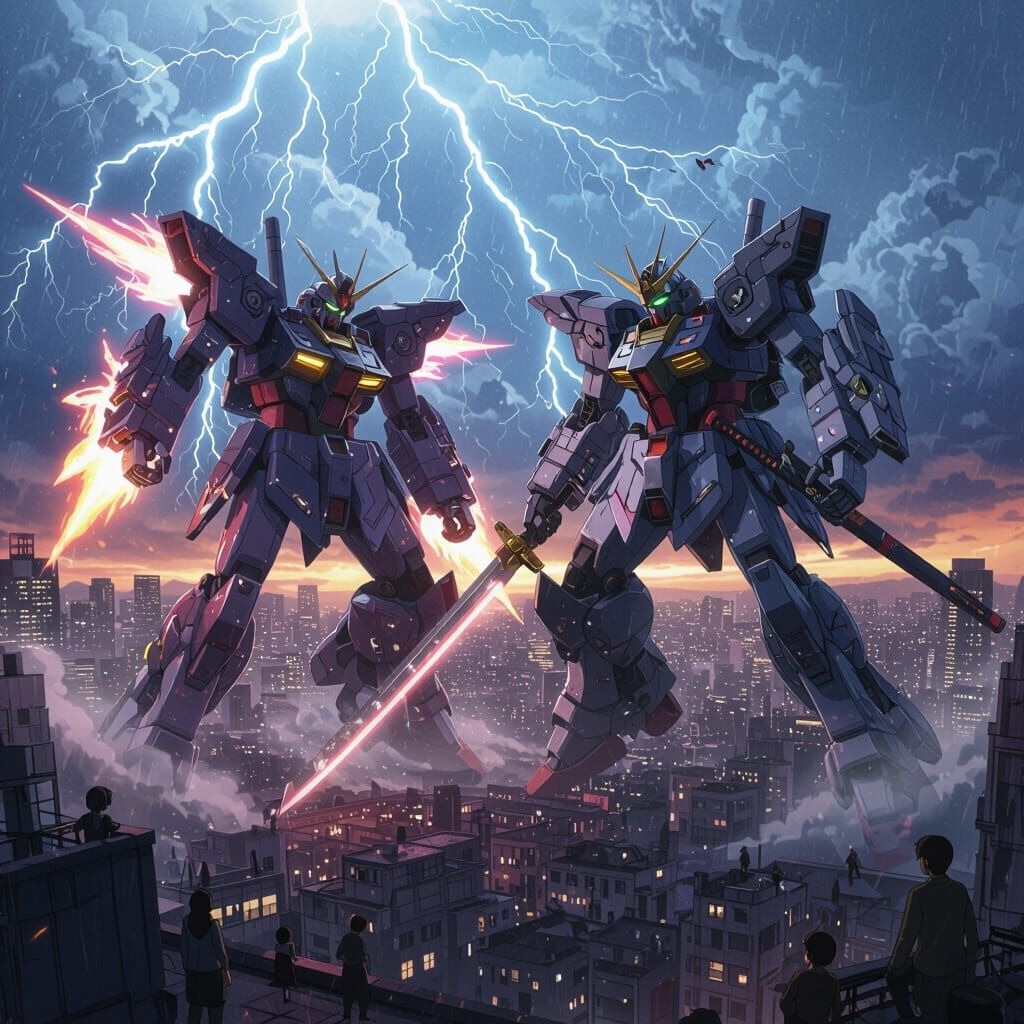 Epic Anime Mecha Battle Above Cityscape