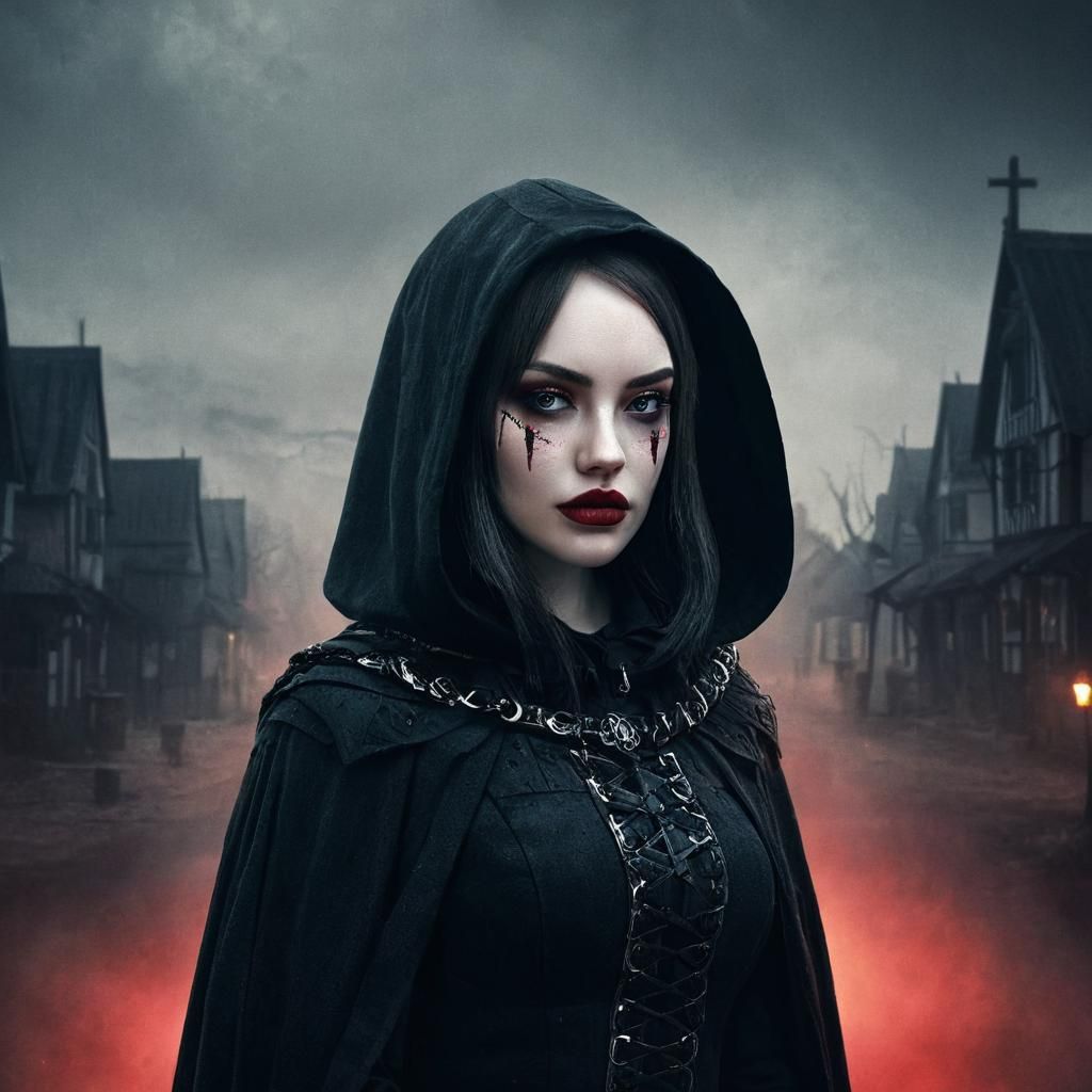 Gothic Girl in Eerie Village: Dark Fantasy Art
