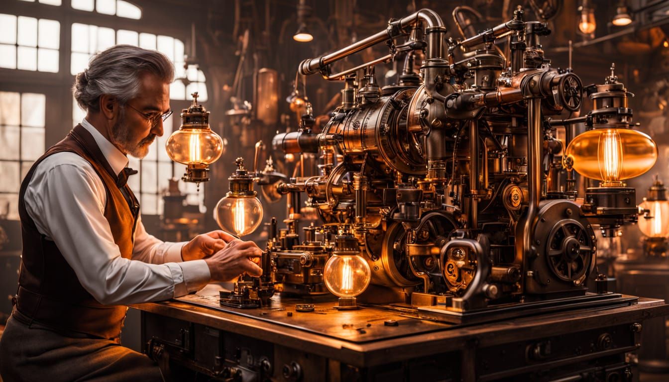 Steampunk Inventor Works Amidst Gears and Gadgets
