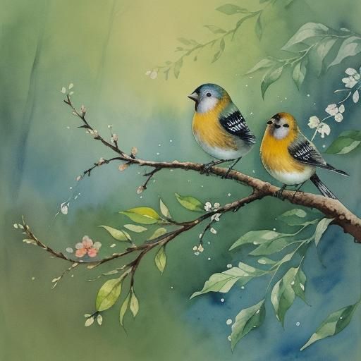 Baby Finches in Forest: Watercolor Gouache Painting