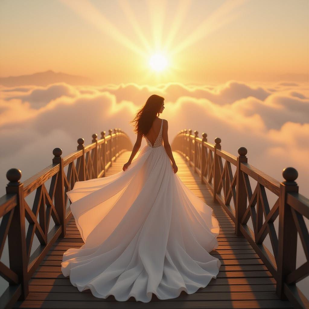 Ethereal Woman on Sky Bridge in Golden Light