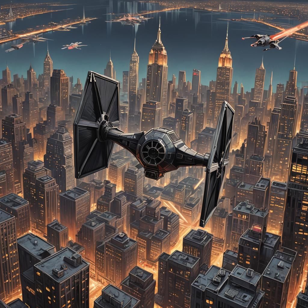 TIE Fighter Lands in 1980s New York: Retro Illustration