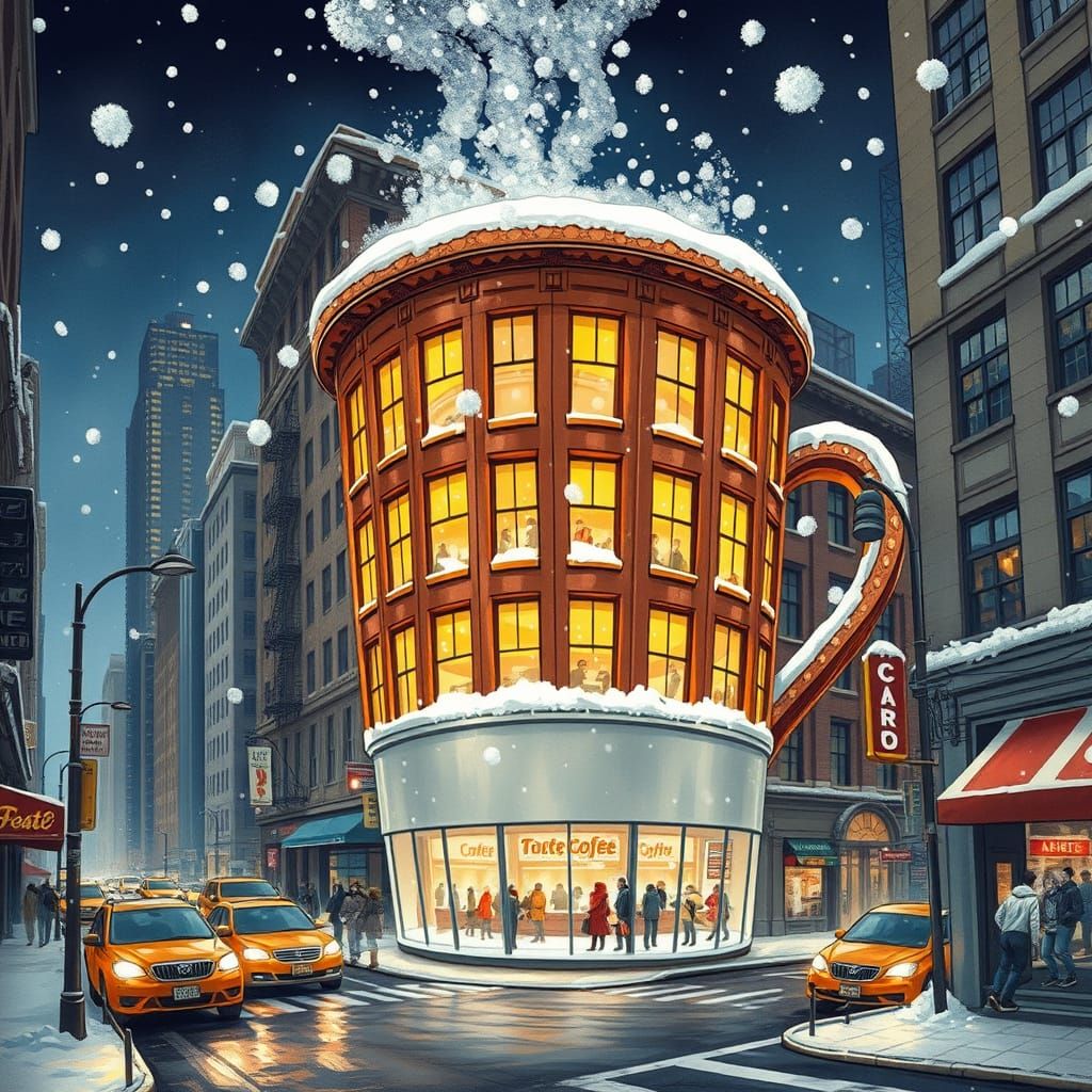 Colossal Coffee Cup Building in Snowy Cityscape