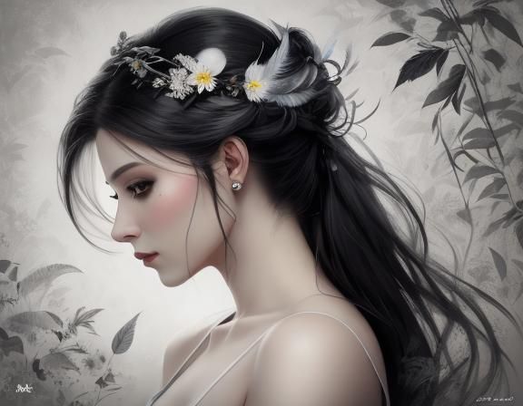Elegant Noir Portrait of Woman with Flowers
