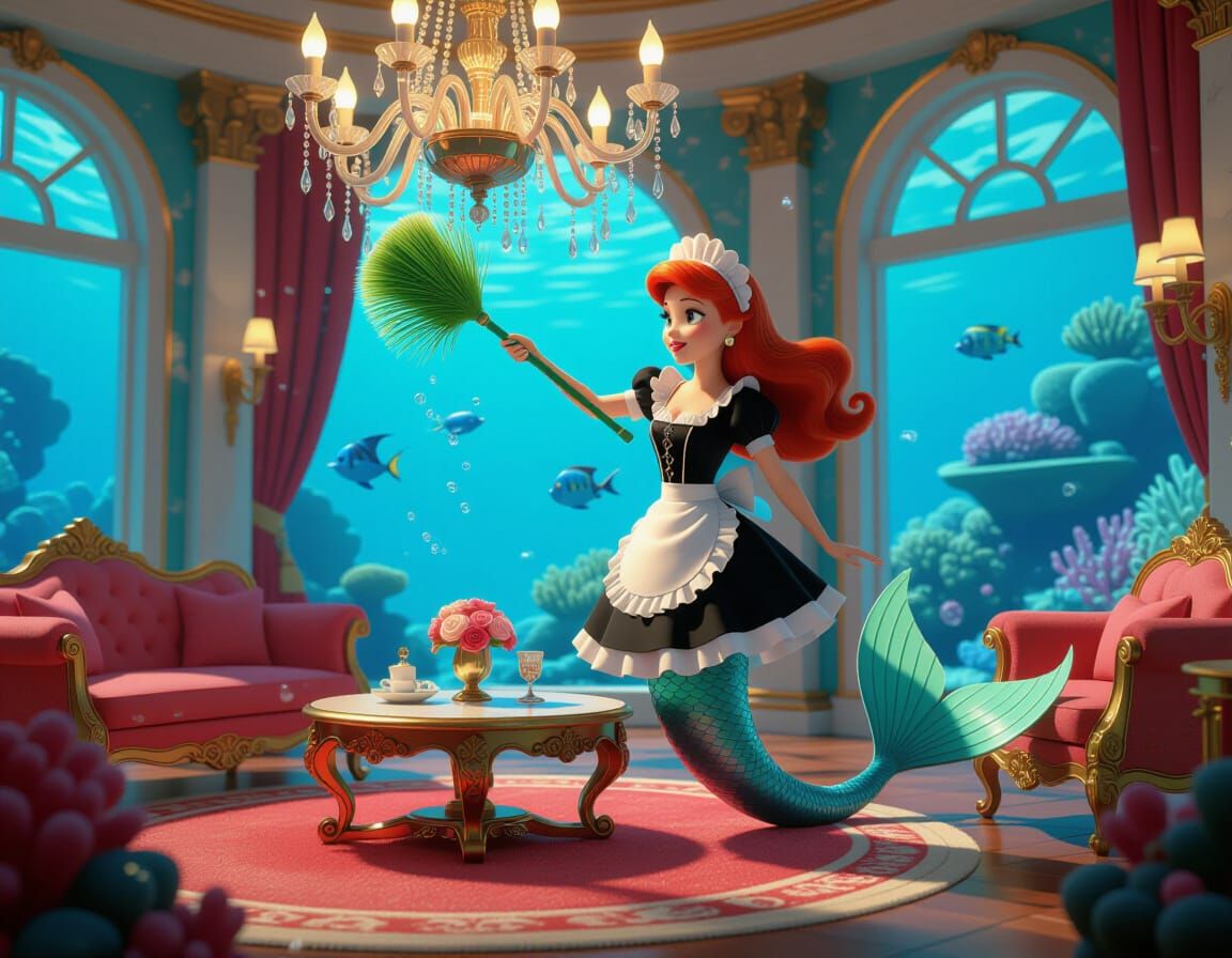 Pixar-Style Mermaid Maid in Underwater Hotel Suite