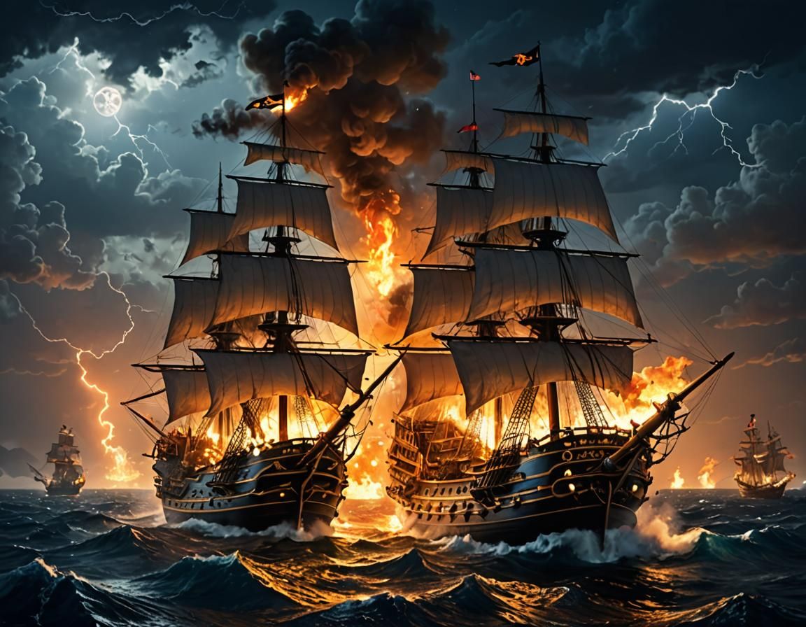 Pirate Ships Battle at Sea in Stormy Night