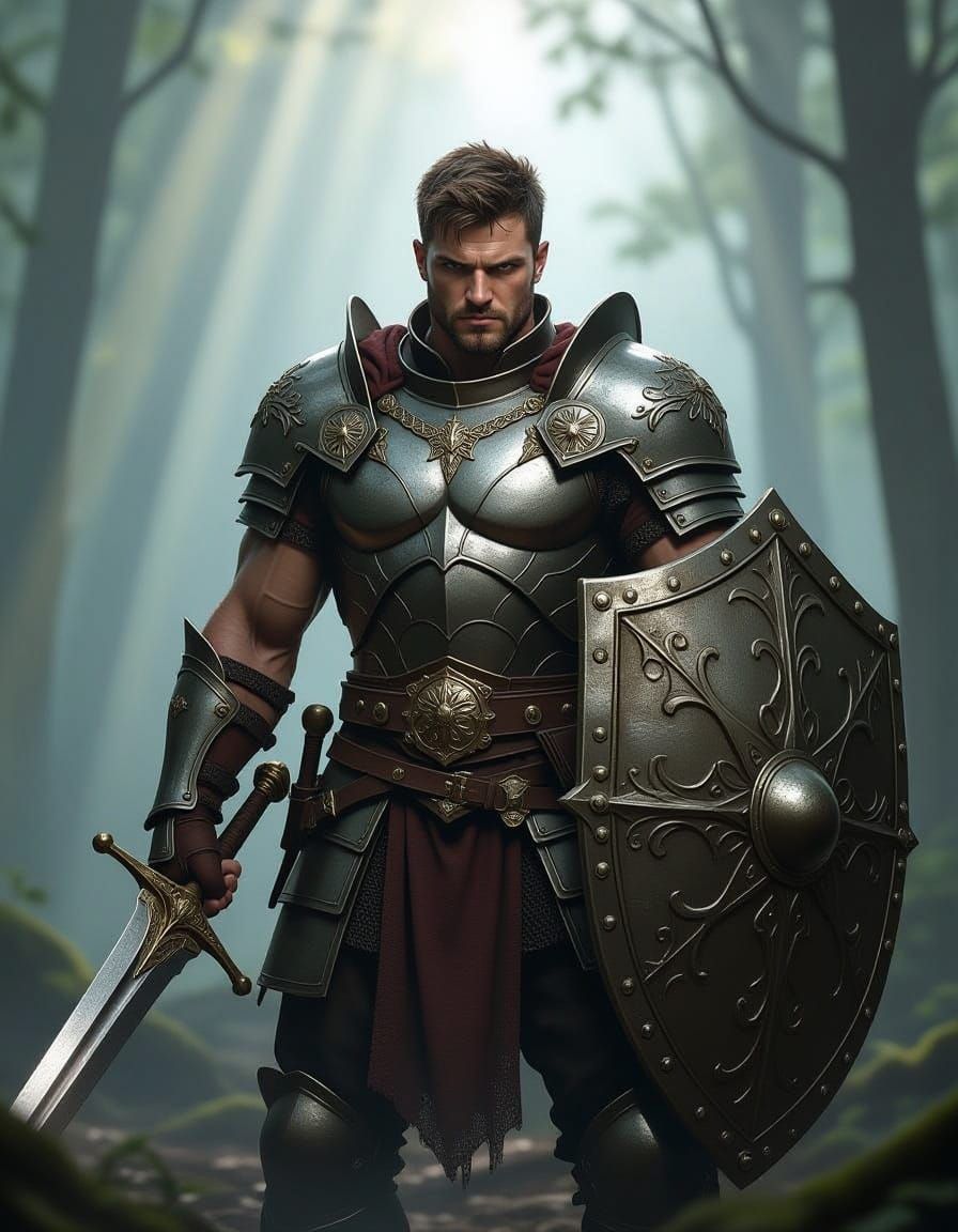 Muscular Warrior in Misty Forest with Sword and Shield