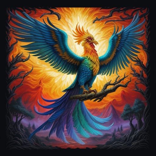 Surrealist Phoenix Rises from the Ashes in Dreamlike Forest