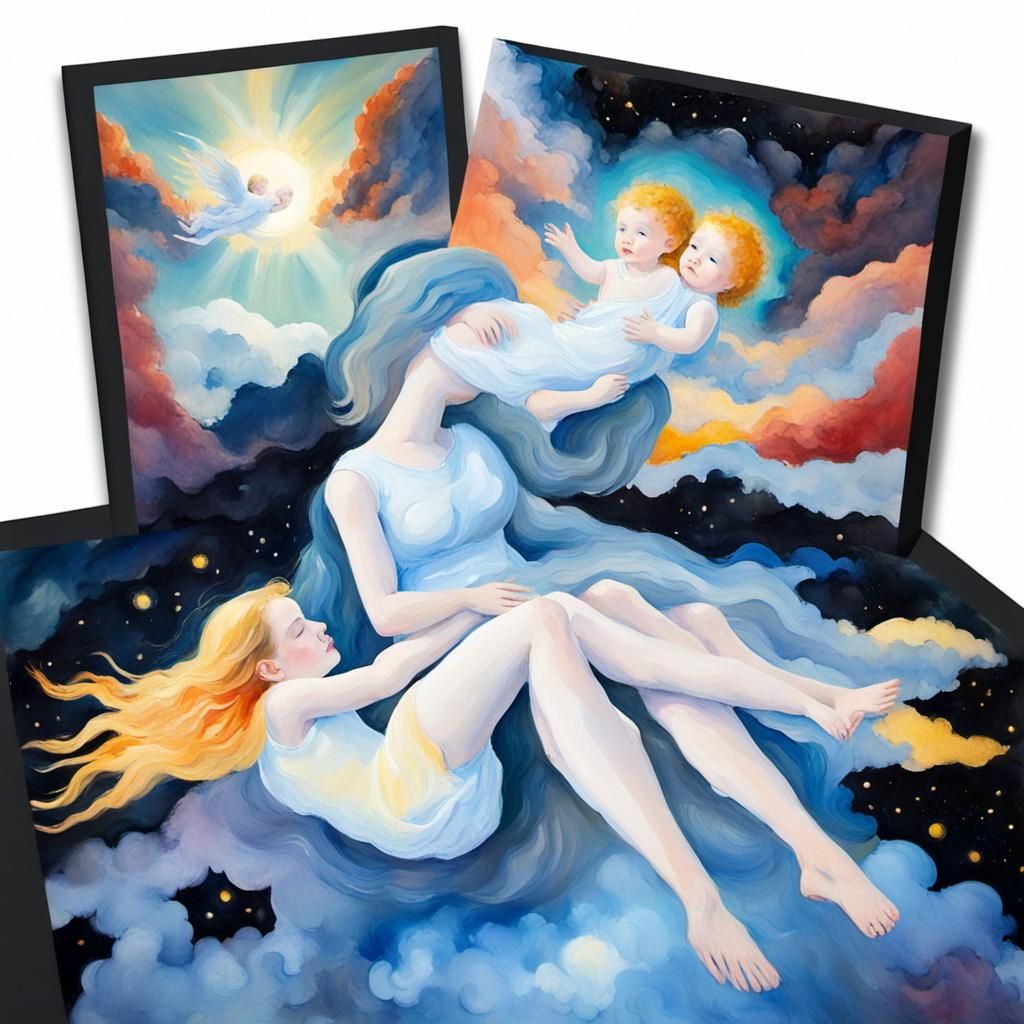 Celestial Mother and Child in Gouache Watercolor