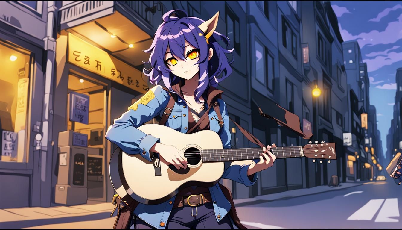 Anime Cowgirl Guitarist in Cityscape