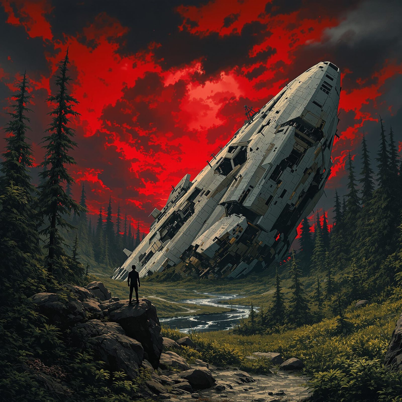 Surreal Post-Apocalyptic Landscape with Crimson Sky