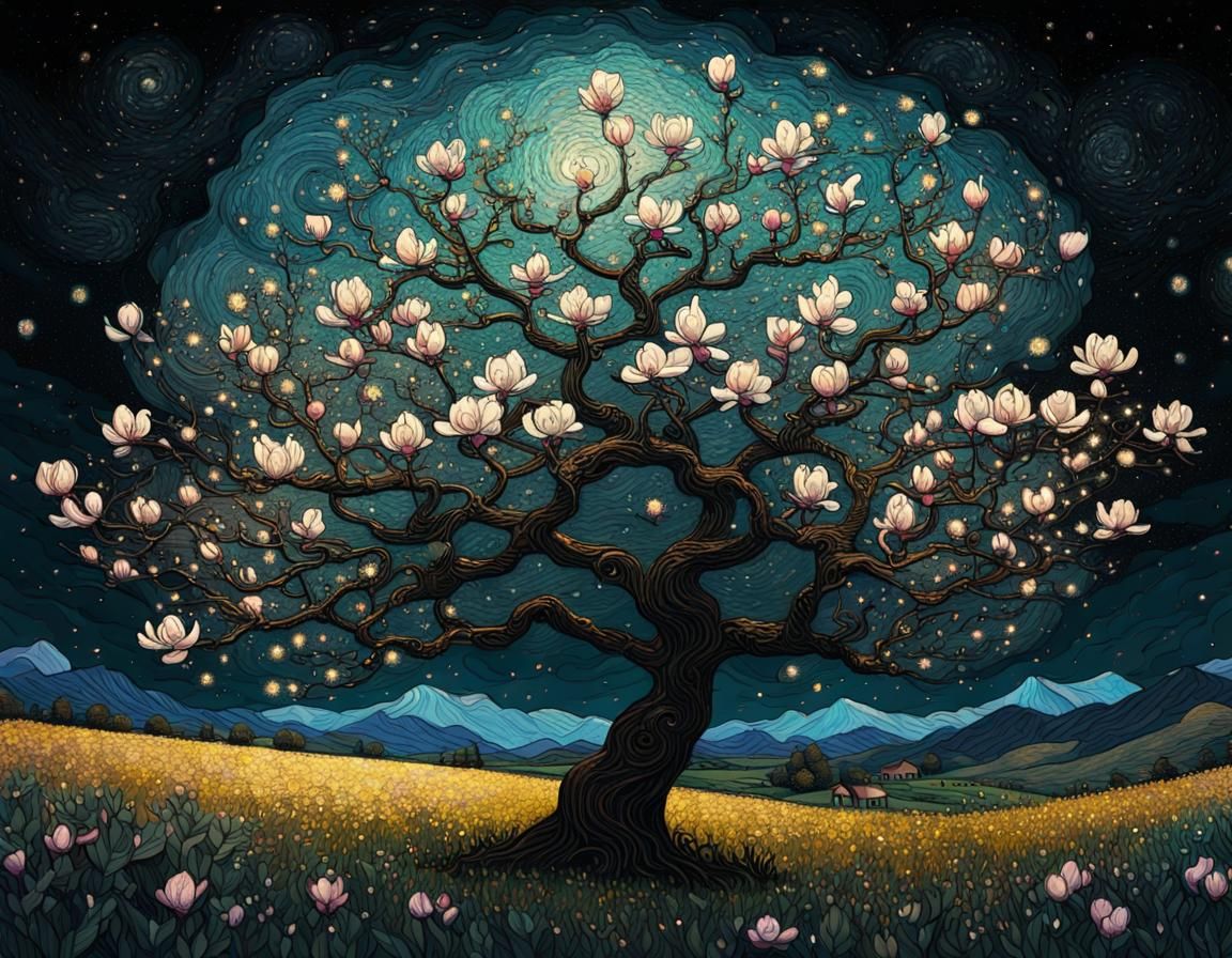 Magnolia Tree in Bloom: Eads, Klimt, and Van Gogh Styles
