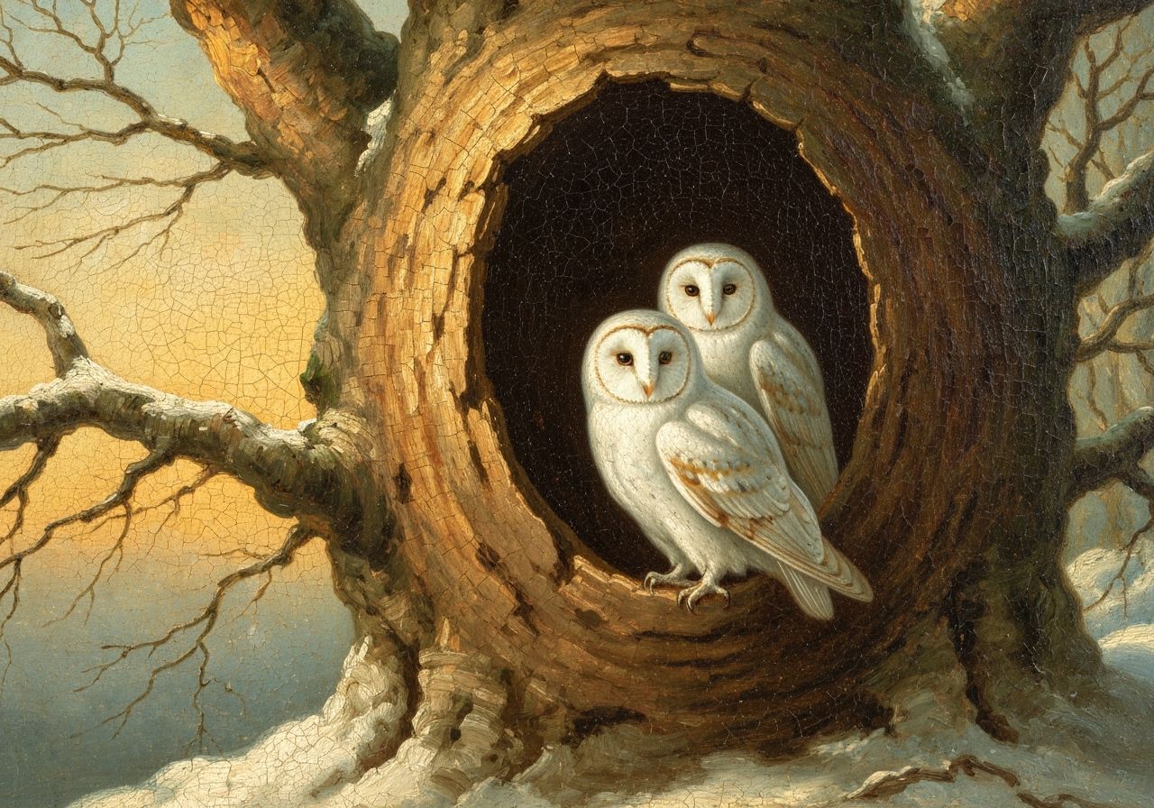 Two White Owls in a Tree Hollow, Impressionist Oil Painting