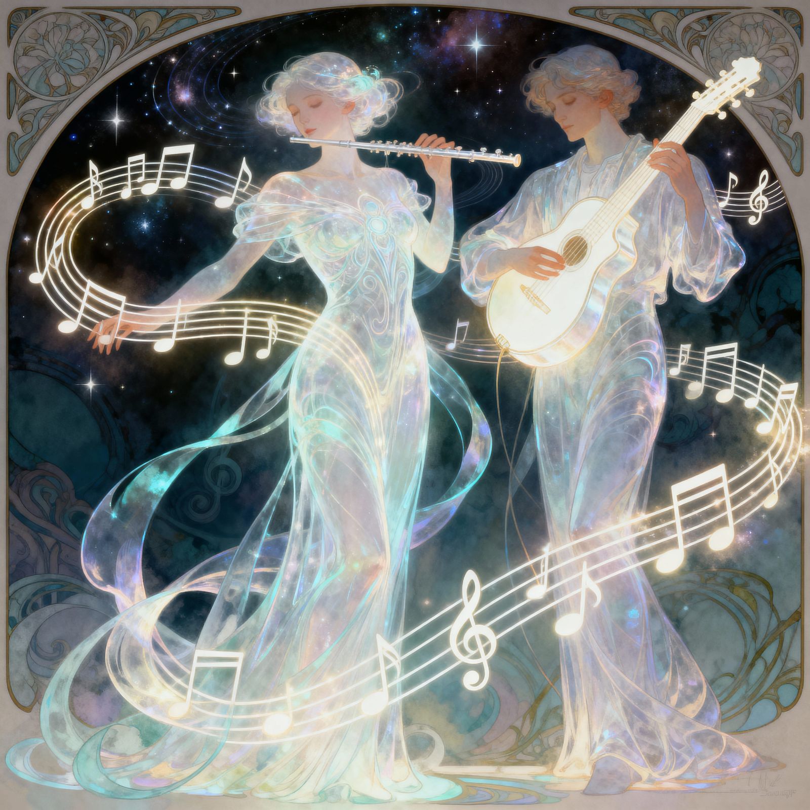 Ethereal Musicians Radiate Sonic Brilliance in Digital Art