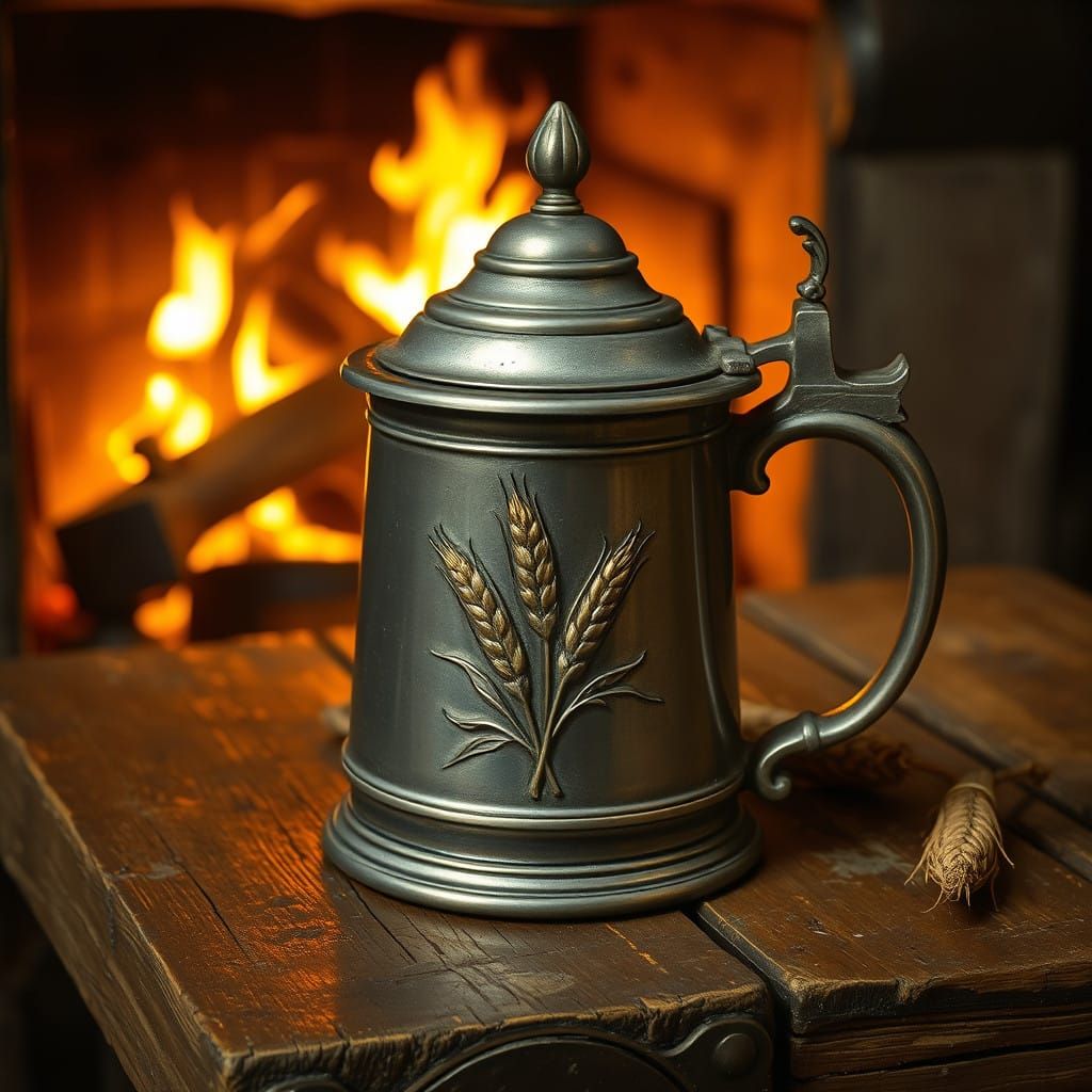 Vintage Pewter Beer Tankard with Golden Barley Relief in War...