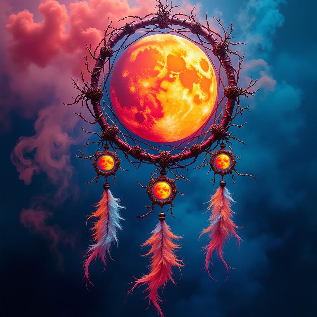 Vibrant Dreamcatcher with Swirling Smoke in Street Art Style