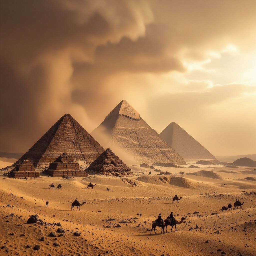 Egyptian Pyramids Amidst a Fierce Sandstorm