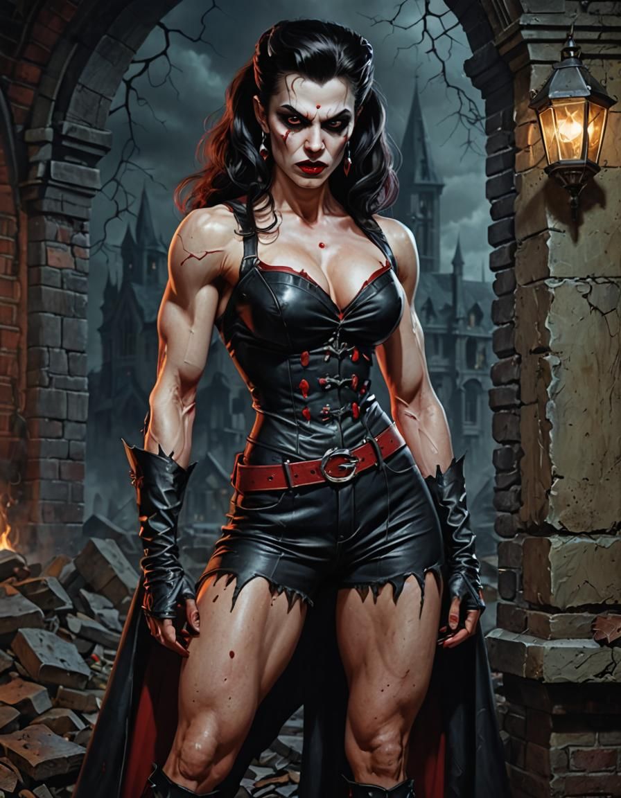 Muscular Vampire Pin-Up Portrait in 1980s Style