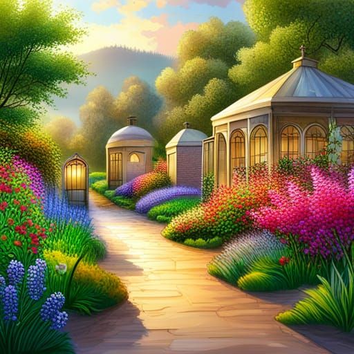 Lush Garden in Bloom During a Light Drizzle