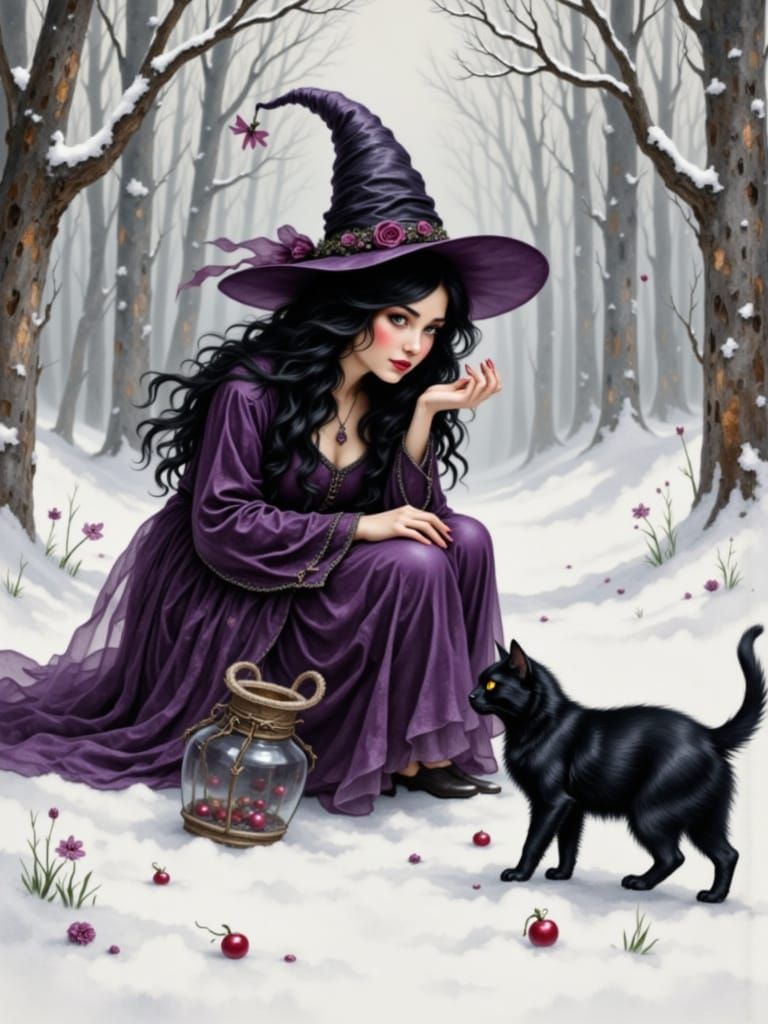 Witch and Black Cat in Snowy Forest