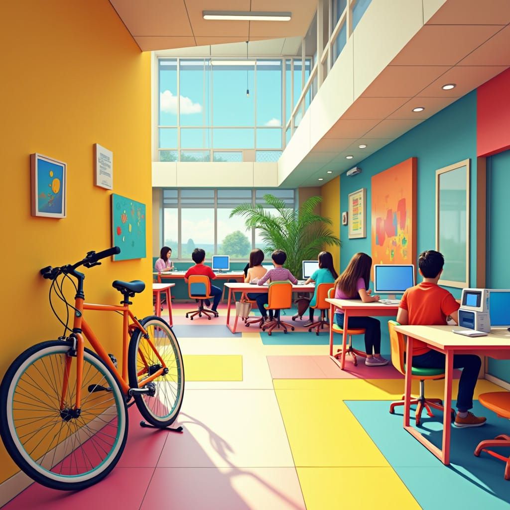 Vibrant Modern School Interior with Bright Yellow Bike and C...