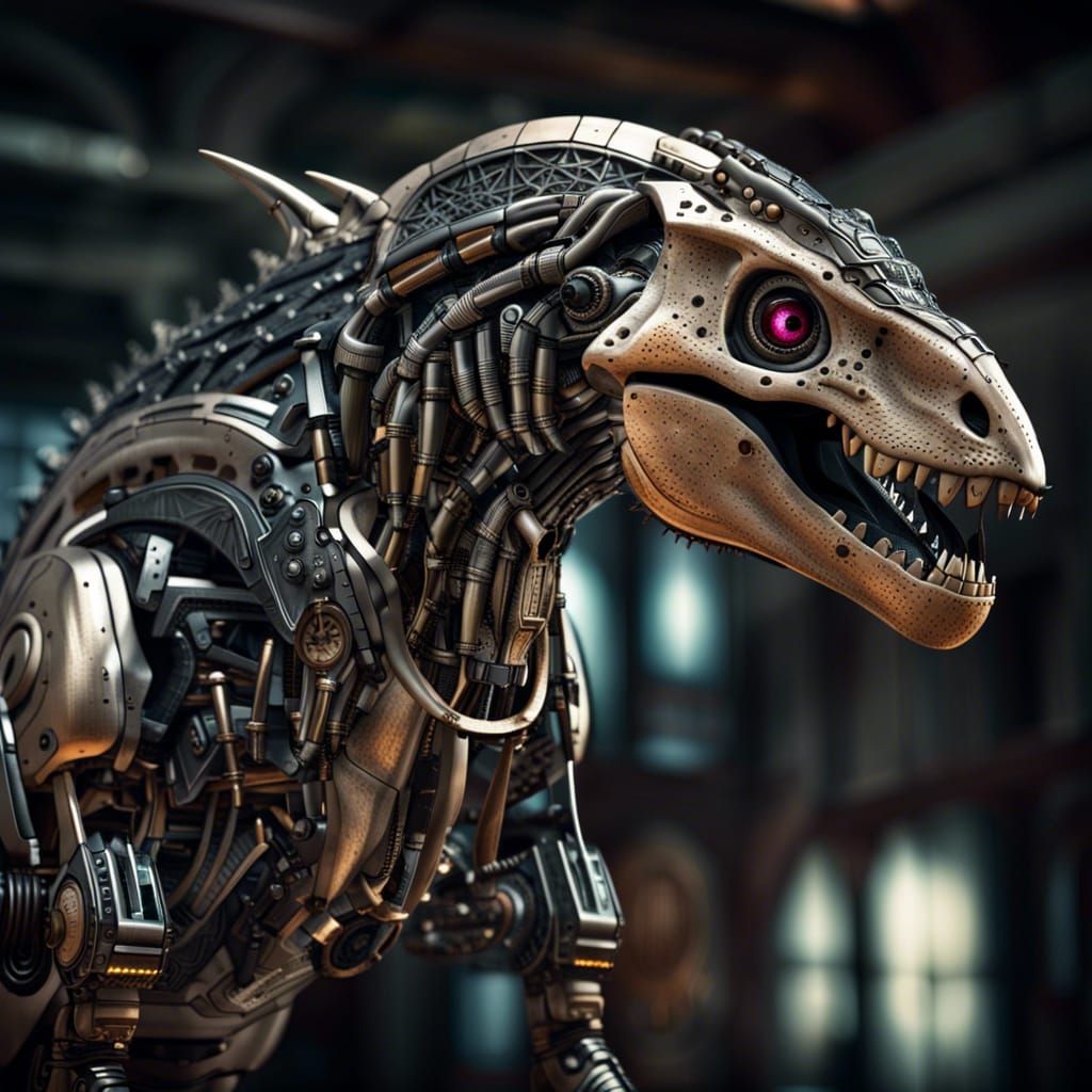 Hyperrealistic Biomechanical Robotic Dinosaur in HDR