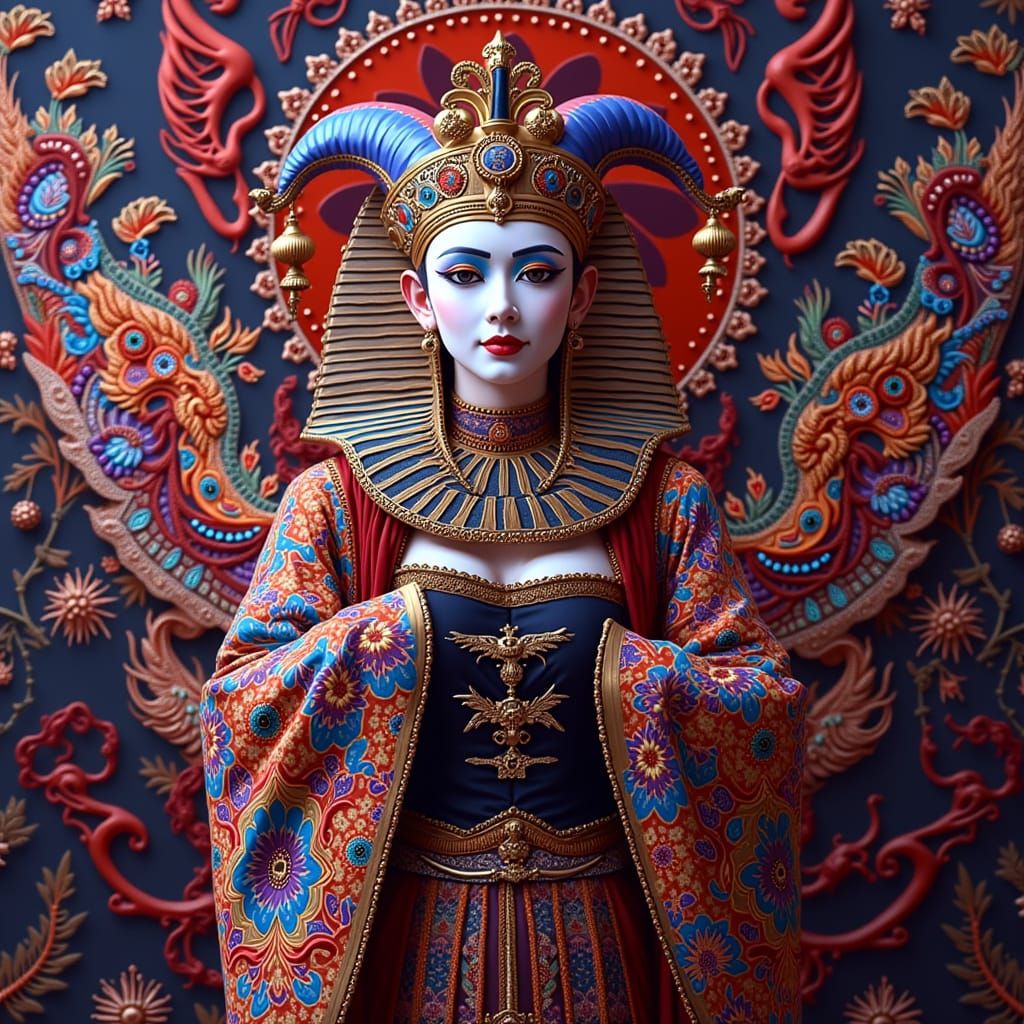 Harlequin, Geisha, and Tutankhamun in Photorealistic Full Bo...