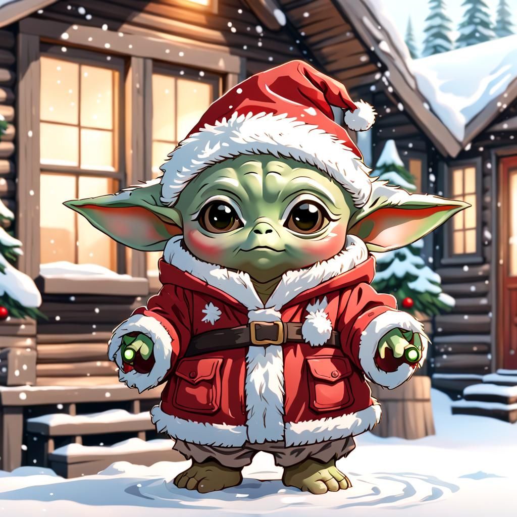 Adorable Chibi Baby Yoda in Santa Outfit
